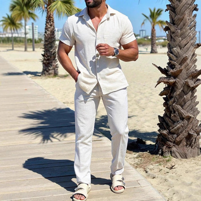 Chemise décontractée pour homme - Mélange coton lin - Coupe régulière - Manches courtes - Fermeture à boutons