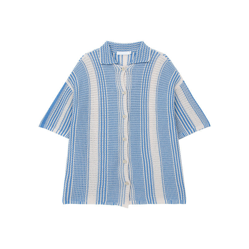 Chemise en tricot décontractée pour hommes avec manches courtes, coupe décontractée, design en tricot ouvert et rayures élégantes