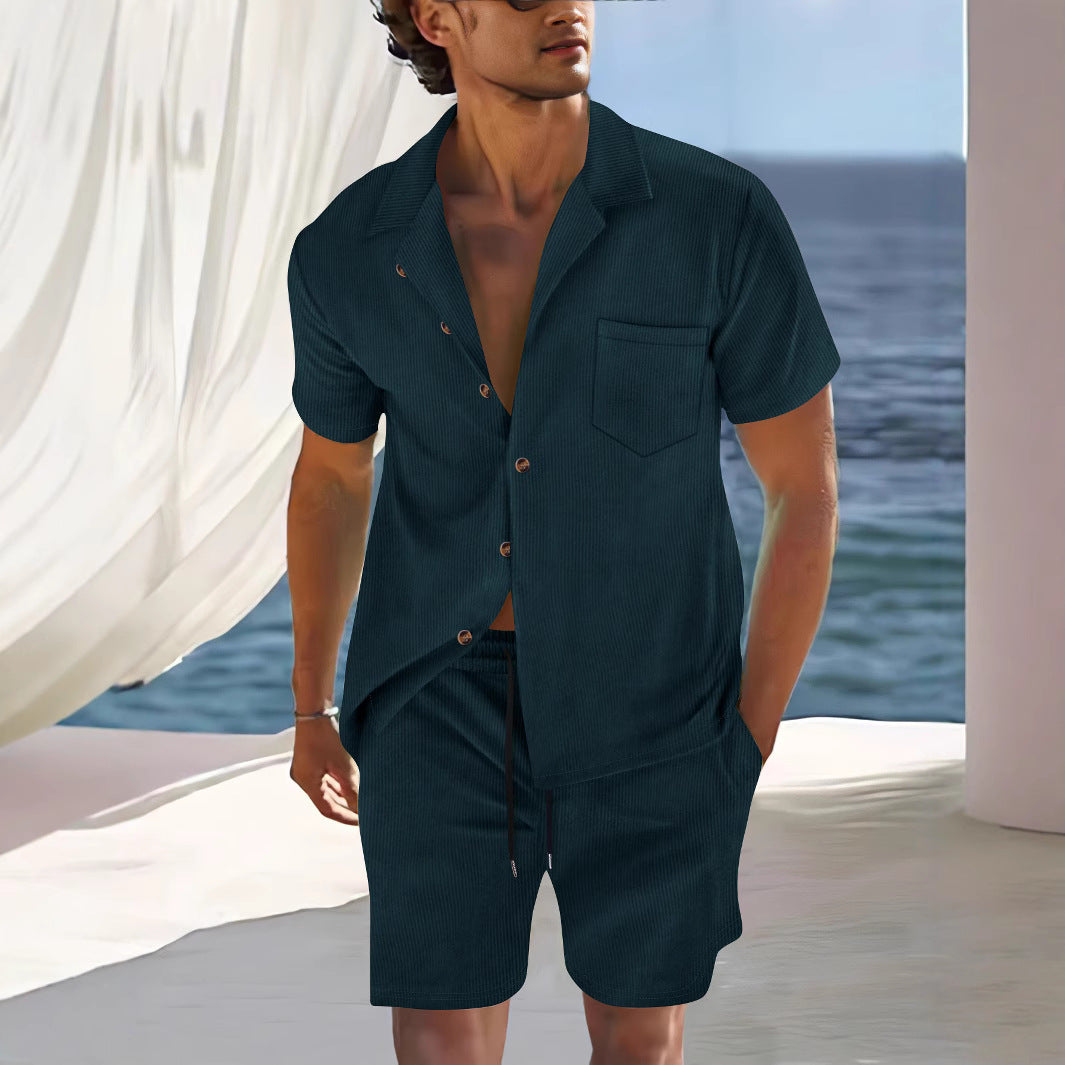 Ensemble de Chemise et Short pour Hommes - Coupe Décontractée - Col Cubain - Tissu Légèrement Respirant et Léger