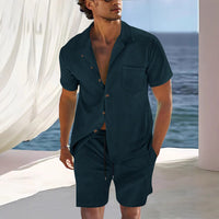 Ensemble de Chemise et Short pour Hommes - Coupe Décontractée - Col Cubain - Tissu Légèrement Respirant et Léger
