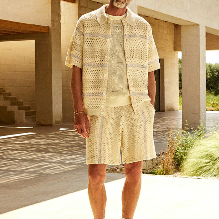 Set de Cardigan et Short pour Hommes - Coupe Décontractée - Tricot Ouvert - Vêtements Casual Respirants