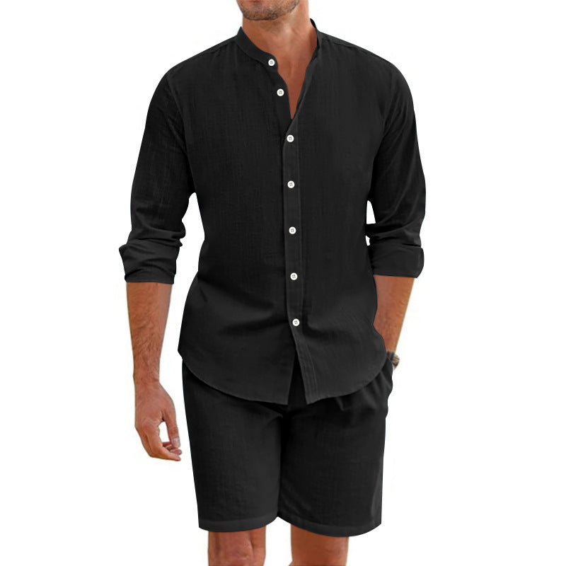 Ensemble Homme Deux Pièces - Mélange de Lin - Coupe Décontractée - Chemise à Boutons & Shorty Mi-Cuisse