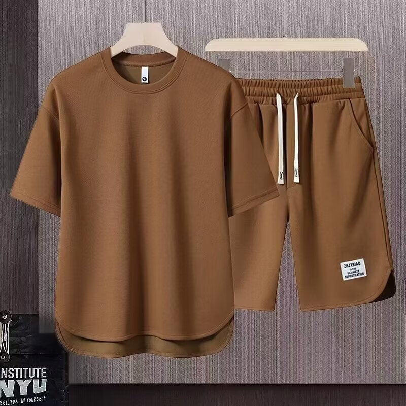 Ensemble sportif pour hommes - coupe décontractée - T-shirt à manches courtes et short à cordon ajustable - coton respirant