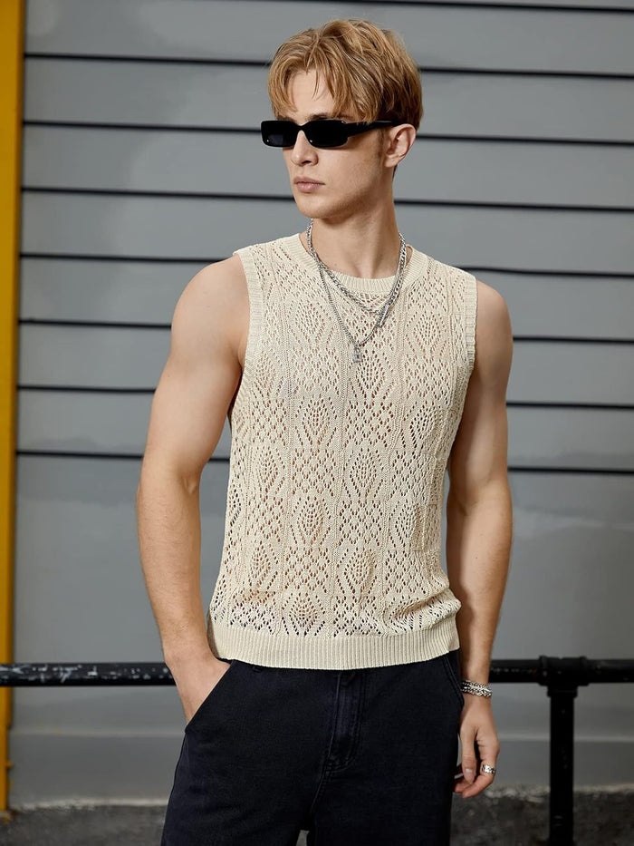 Débardeur pour hommes en crochet - Design géométrique sans manches - Léger et ultra respira