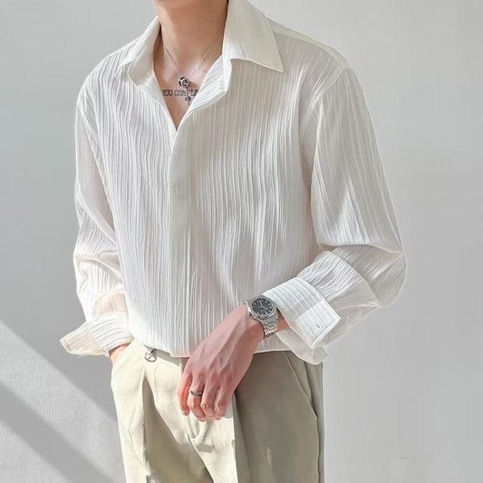 Camisa de manga larga para hombre - ajuste relajado - tela arrugada texturizada - con botones y cuello clásico