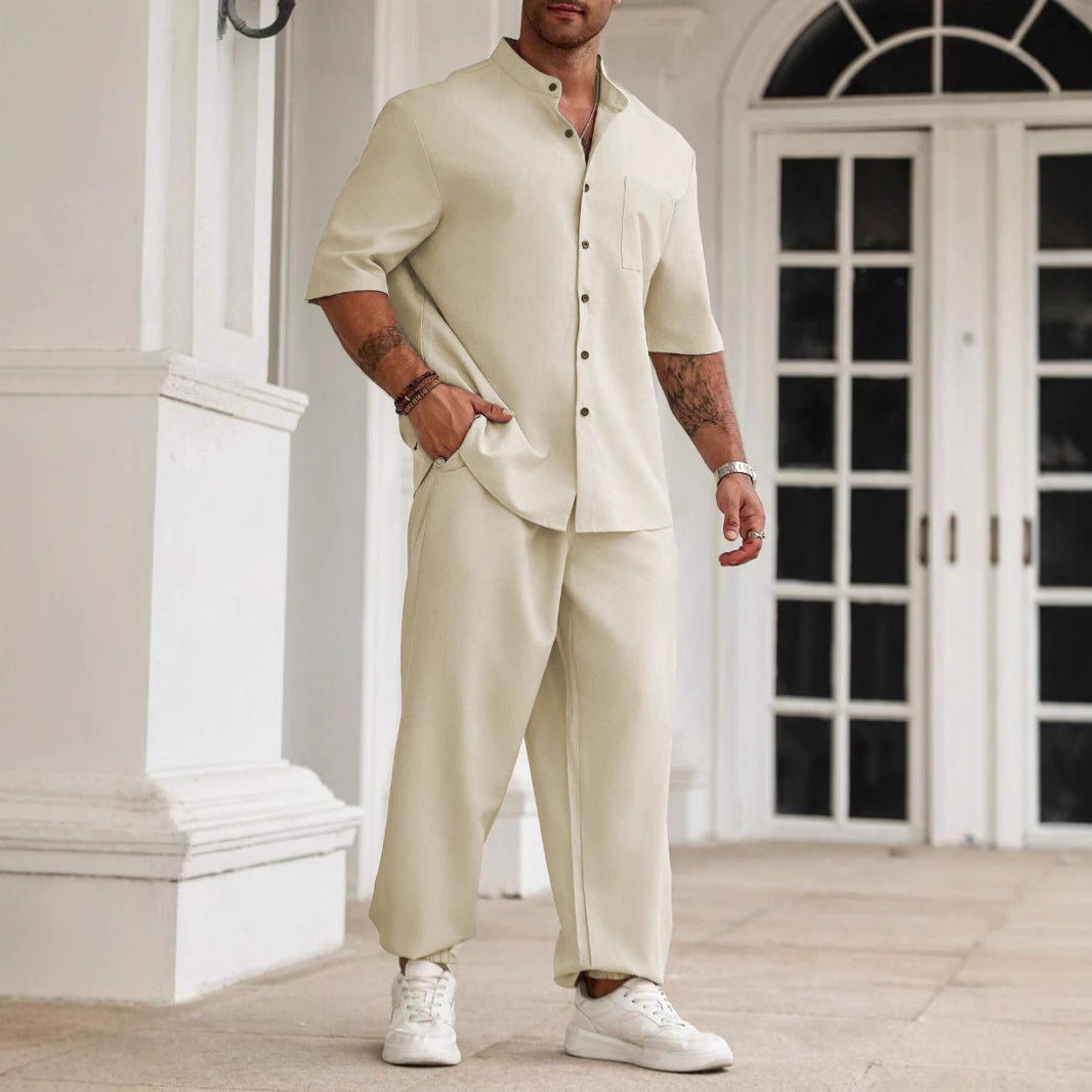 Ensemble Décontracté pour Hommes - Mélange Coton Lin - Coupe Confort - Chemise à Manches Courtes et Pantalons