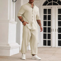 Ensemble Décontracté pour Hommes - Mélange Coton Lin - Coupe Confort - Chemise à Manches Courtes et Pantalons