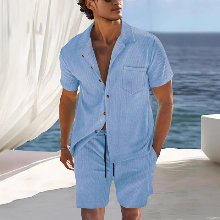 Ensemble de Chemise et Short pour Hommes - Coupe Décontractée - Col Cubain - Tissu Légèrement Respirant et Léger