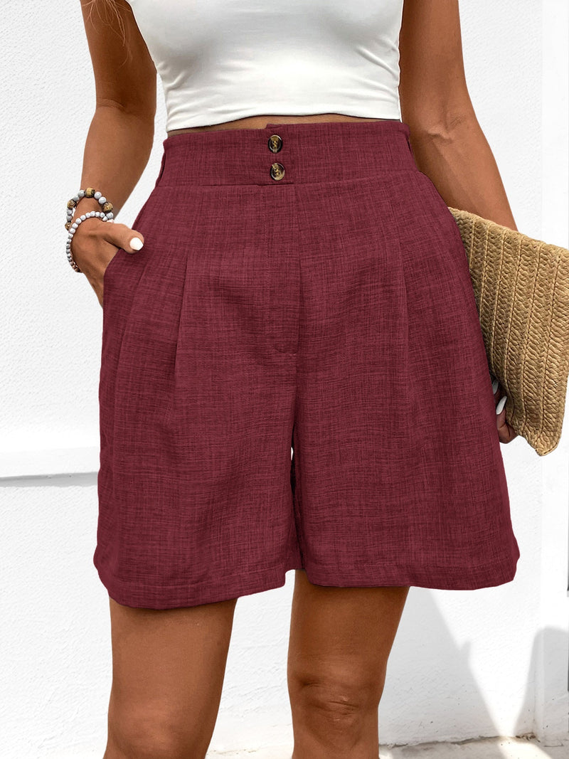 Short pour femmes à taille haute avec jambes larges, plissés à l'avant, en tissu léger et tissé