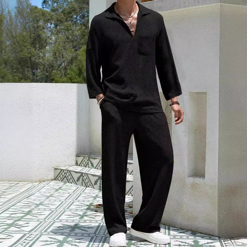 Ensemble Lounge pour Homme - Confort Décontracté - Chemise à Manches Longues & Pantalon Long - Tissu en Maille Douce