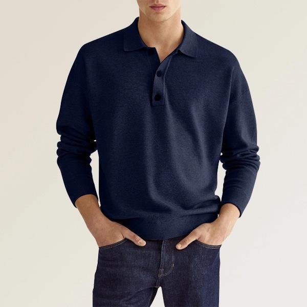 Polo à manches longues pour hommes, coupe classique, en coton mélangé et poignets côtelés