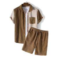 Set homme deux pièces en molleton texturé - Coupe décontractée - Chemise à boutons et short à cordon ajustable