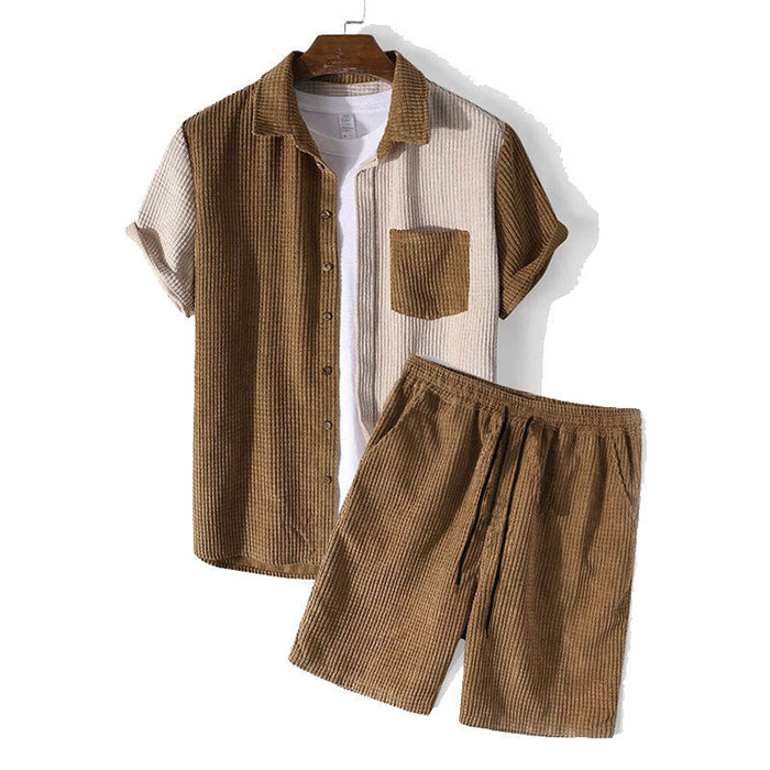 Set homme deux pièces en molleton texturé - Coupe décontractée - Chemise à boutons et short à cordon ajustable