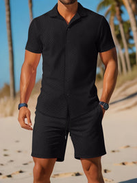 Ensemble Chemise et Short Polo pour Hommes - Coupe Slim - Motif en Relief - Vêtements Décontractés et Respirants