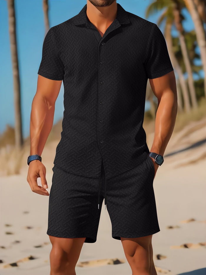 Ensemble Chemise et Short Polo pour Hommes - Coupe Slim - Motif en Relief - Vêtements Décontractés et Respirants