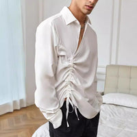 Chemise pour hommes à manches longues - Coupe décontractée - Devant à lacets - Tissu léger en coton mélangé