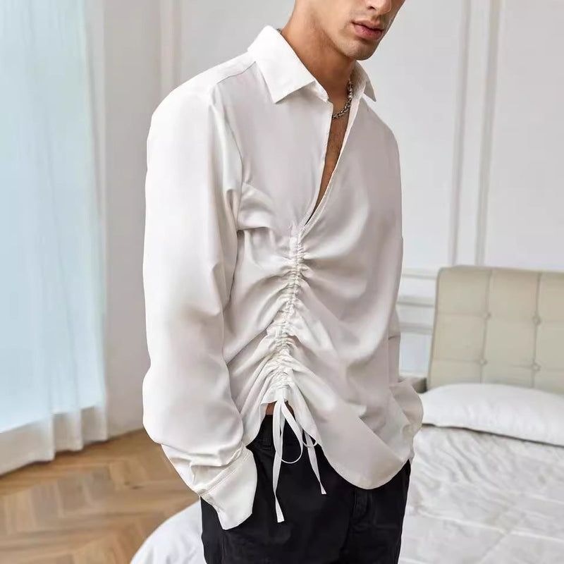 Chemise pour hommes à manches longues - Coupe décontractée - Devant à lacets - Tissu léger en coton mélangé