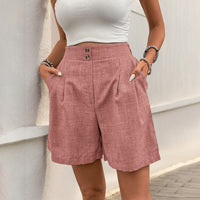 Short pour femmes à taille haute avec jambes larges, plissés à l'avant, en tissu léger et tissé