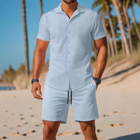 Ensemble Chemise et Short Polo pour Hommes - Coupe Slim - Motif en Relief - Vêtements Décontractés et Respirants
