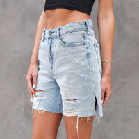 Short en jean pour femmes - Coupe décontractée - Effet usé avec ourlet effiloché et fentes latérales - Longueur au genou