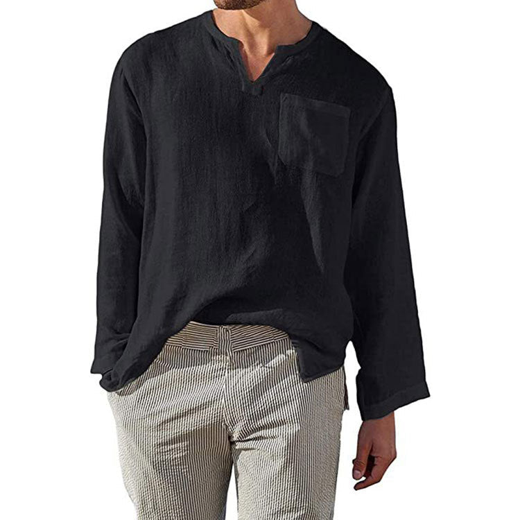 Chemise homme à manches longues en lin et coton - coupe décontractée avec col mandarin pour un style casual et élégant