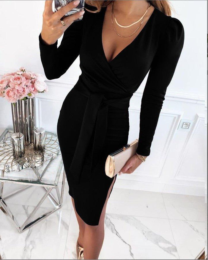 Robe élégante à col rond et ceinture pour femmes