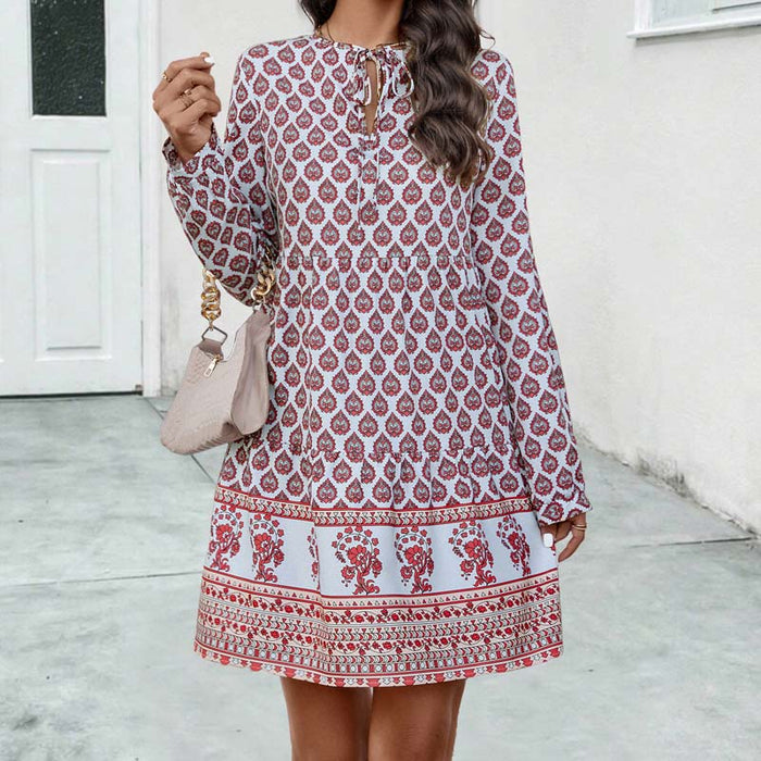 Vestido midi boho para mujer con corte fluido, manga larga y escote en forma de llave con estampado elegante