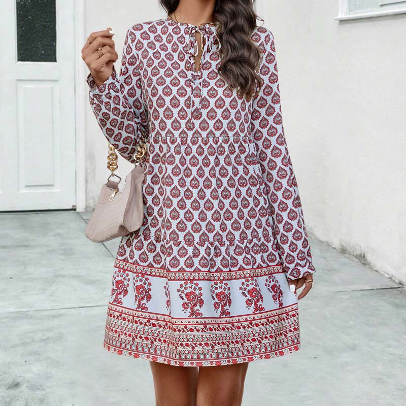 Vestido midi boho para mujer con corte fluido, manga larga y escote en forma de llave con estampado elegante