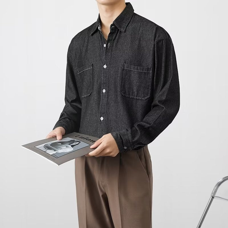 Camisa de mezclilla para hombre con cierre de botones en el frente y mangas largas