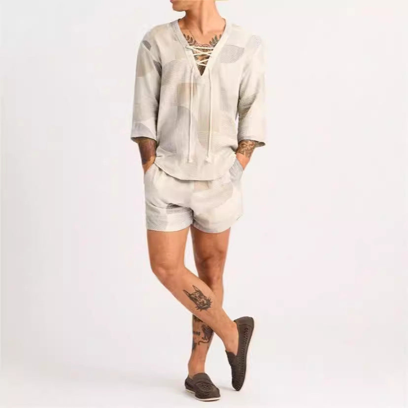Set de chemise et short pour hommes - Col lacé - Coupe décontractée - Mélange de coton respirant