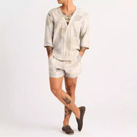 Set de chemise et short pour hommes - Col lacé - Coupe décontractée - Mélange de coton respirant