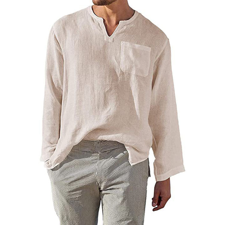 Chemise homme à manches longues en lin et coton - coupe décontractée avec col mandarin pour un style casual et élégant