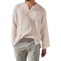 Chemise homme à manches longues en lin et coton - coupe décontractée avec col mandarin pour un style casual et élégant