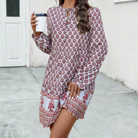 Vestido midi boho para mujer con corte fluido, manga larga y escote en forma de llave con estampado elegante