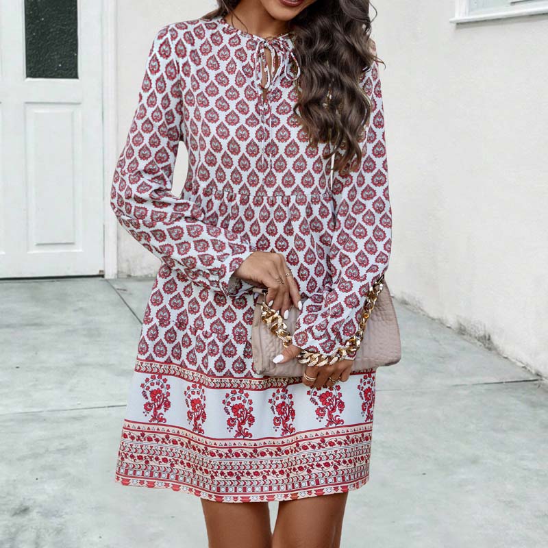 Vestido midi boho para mujer con corte fluido, manga larga y escote en forma de llave con estampado elegante