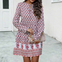 Vestido midi boho para mujer con corte fluido, manga larga y escote en forma de llave con estampado elegante
