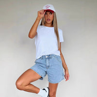 Short en Jean pour Femmes - Coupe Mid-Rise Décontractée - Poches Multiples - Fermeture à Bouton - Style Casual