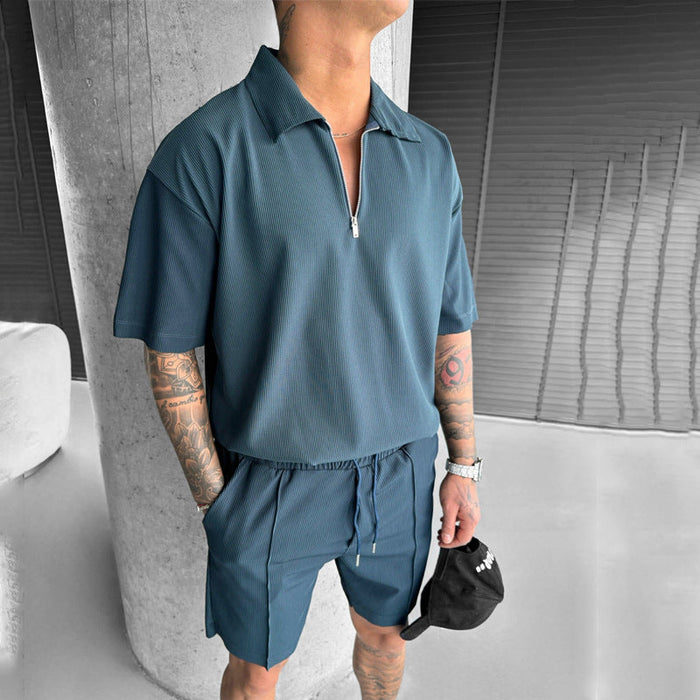 Ensemble Polo et Short pour Homme - Coupe Décontractée - Col à Glissière - Taille à Drawstring - Coton Respirant