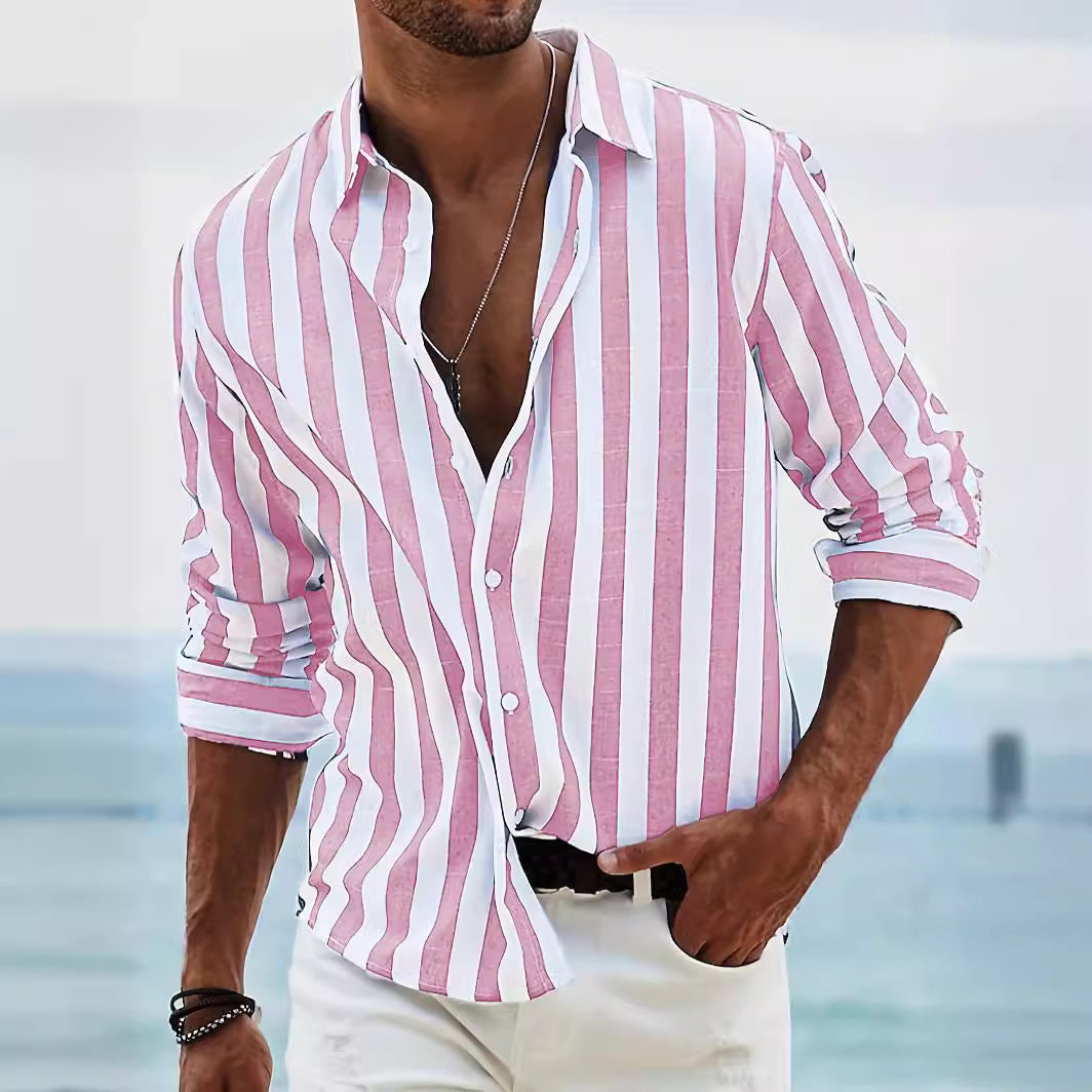 Chemise homme à manches longues en coton lin - coupe décontractée - boutons - rayures décontractées