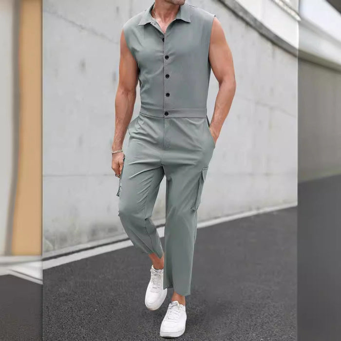 Combinaison Homme Slim Fit Sans Manches avec Boutonnage, Col Chemise et Poches Cargo