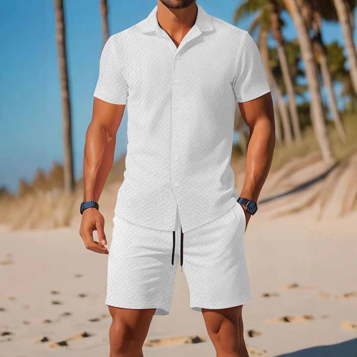Ensemble Chemise et Short Polo pour Hommes - Coupe Slim - Motif en Relief - Vêtements Décontractés et Respirants