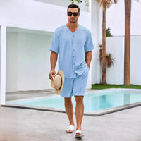 Ensemble Homme Deux Pièces - Chemise à V Boutons - Shorts Relaxés en Coton Respirant