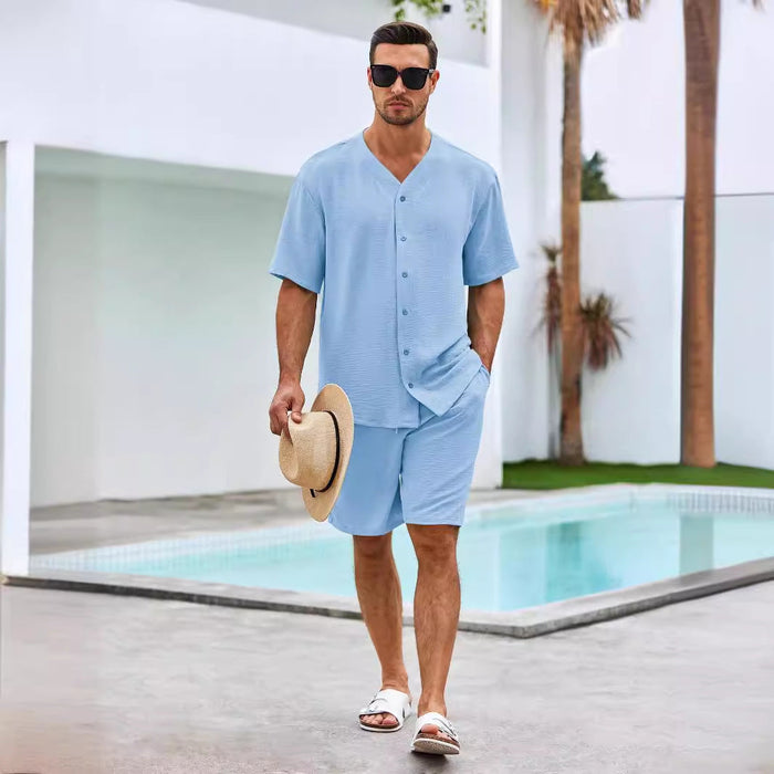 Ensemble Homme Deux Pièces - Chemise à V Boutons - Shorts Relaxés en Coton Respirant