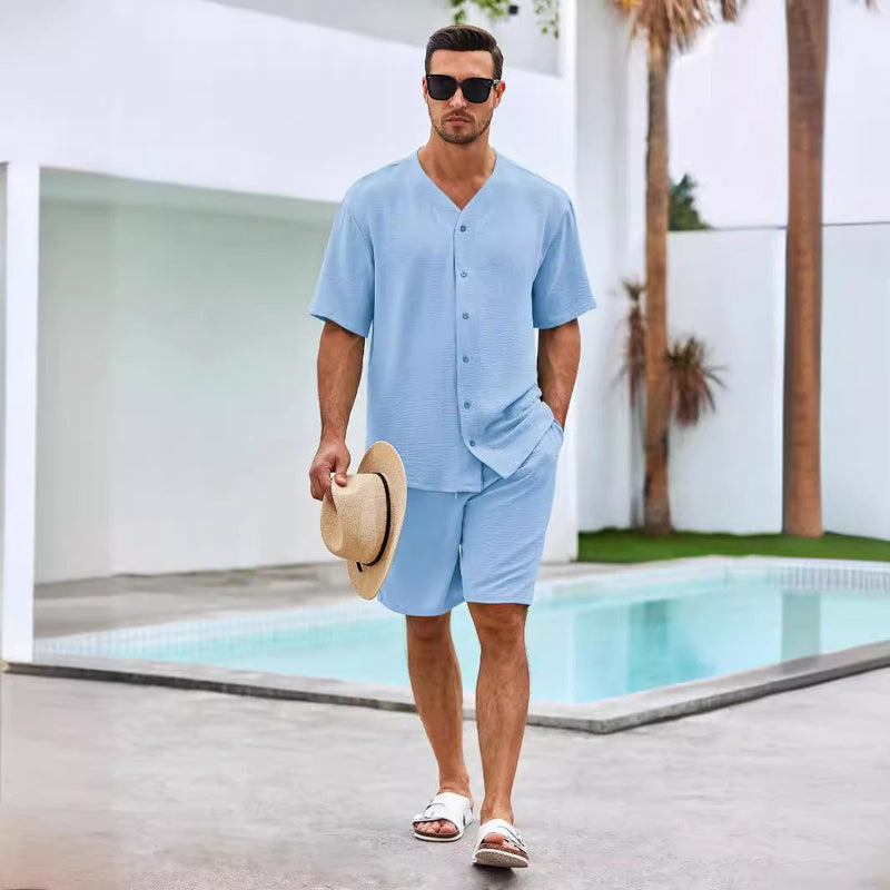 Ensemble Homme Deux Pièces - Chemise à V Boutons - Shorts Relaxés en Coton Respirant