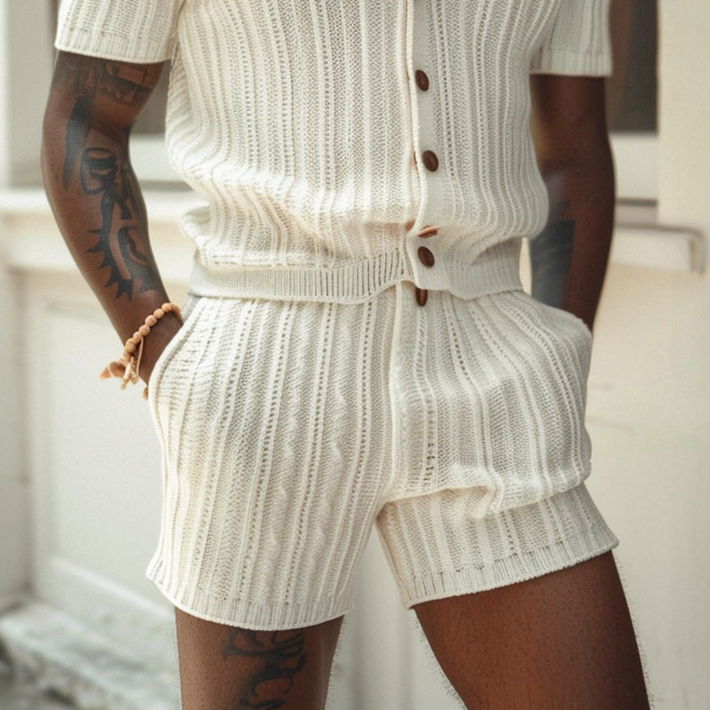 Ensemble de Chemise et Short en Tricot pour Hommes - Coupe Slim - Texture Riblée - Col Polo - Respirant