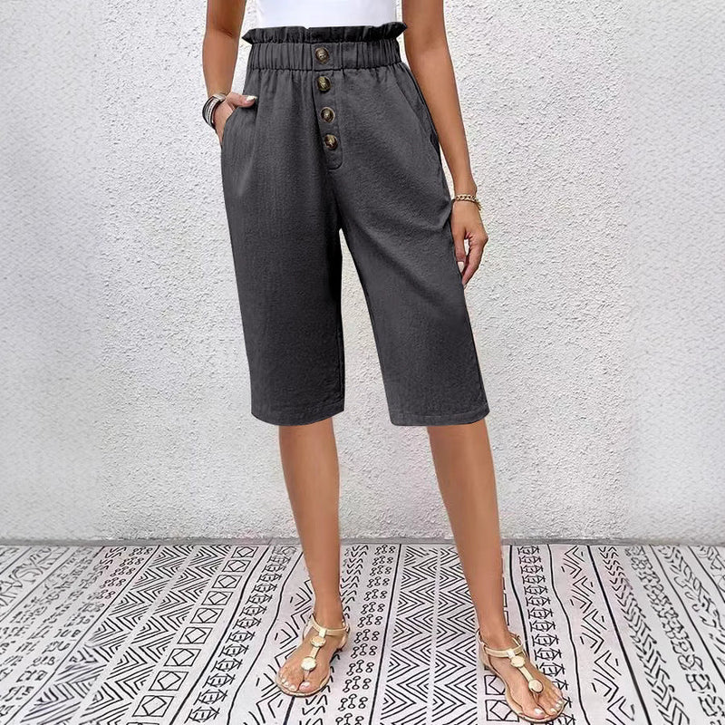 Short en lin pour femmes à taille haute avec style paperbag, coupe décontractée, bouton devant et longueur juste au genou