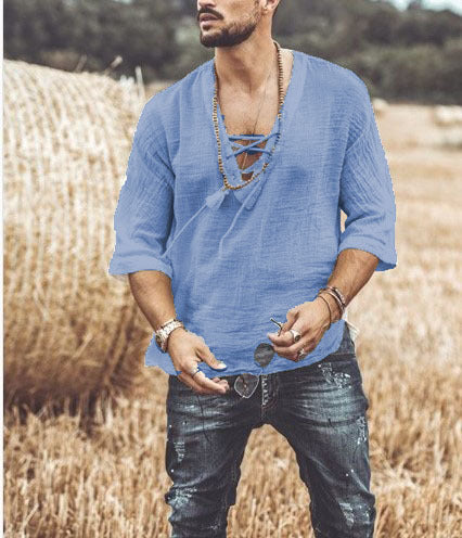 Camisa Casual para Hombre - Ajuste Relaxed - Cuello en V con Cordón - Manga 3/4 - Ligera y Transpirable