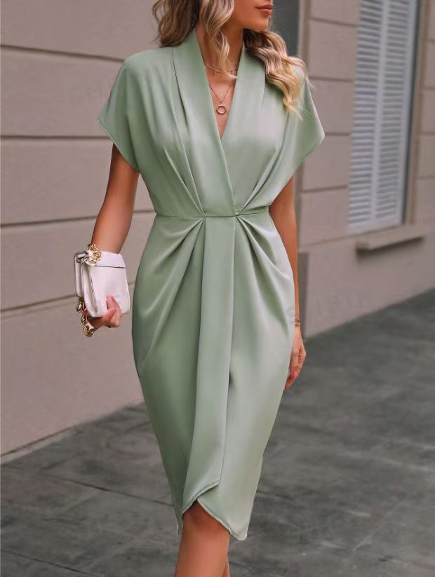 Elegant Damen-Midi-Kleid mit Drapierung und V-Ausschnitt - Vielseitiger Chic
