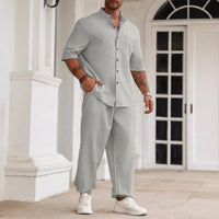 Ensemble Décontracté pour Hommes - Mélange Coton Lin - Coupe Confort - Chemise à Manches Courtes et Pantalons