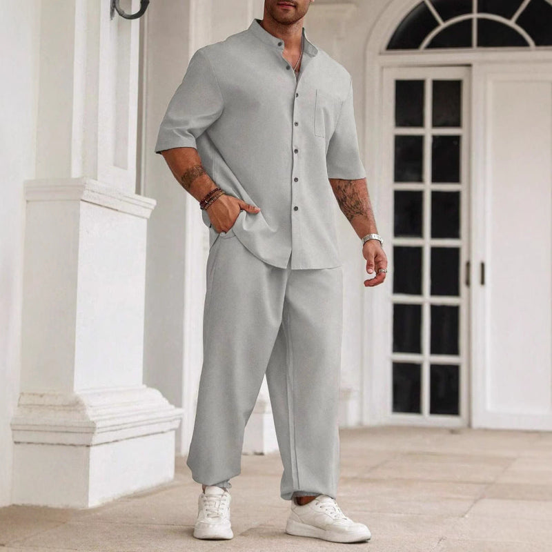 Ensemble Décontracté pour Hommes - Mélange Coton Lin - Coupe Confort - Chemise à Manches Courtes et Pantalons